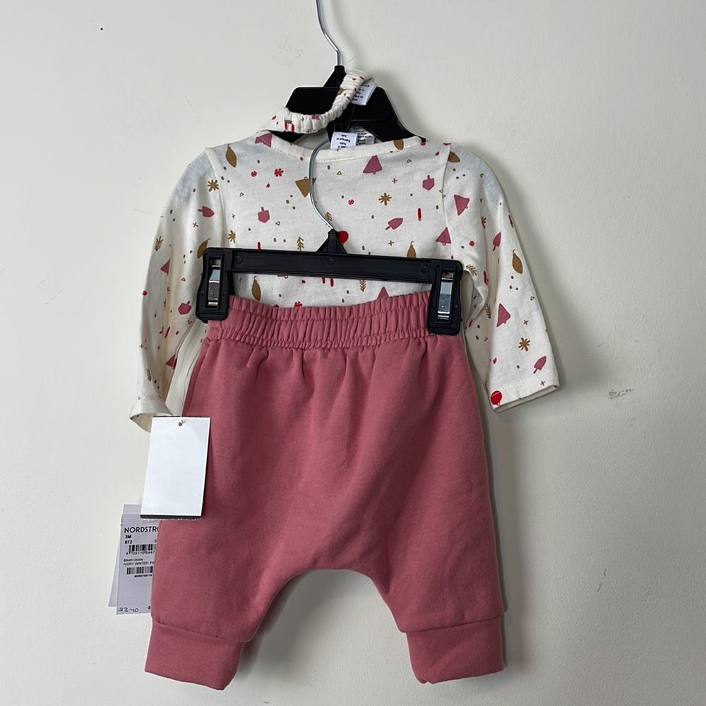 Nordstrom Star Long Sleeve Top, Pants & Headband Set Ivory Winter- Pink, Size 3M - Picture 4 of 5
